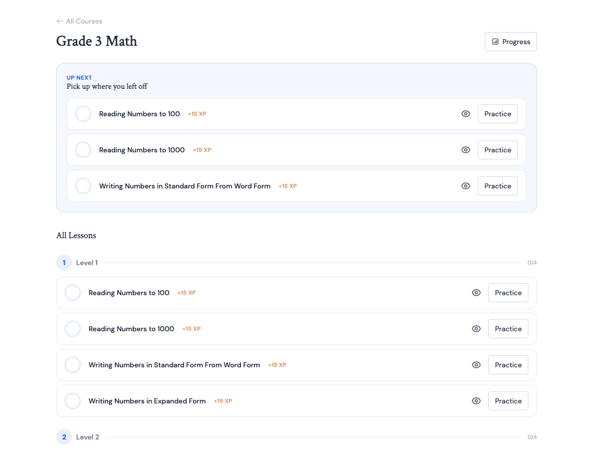 The Grade 3 Math course page with lessons grouped in levels